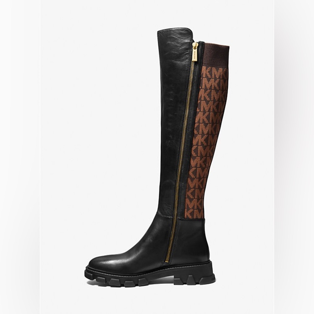 NEW $275 Michael Kors Ridley Leather & Logo Jacquard Knee High Boots - Picture 3 of 4